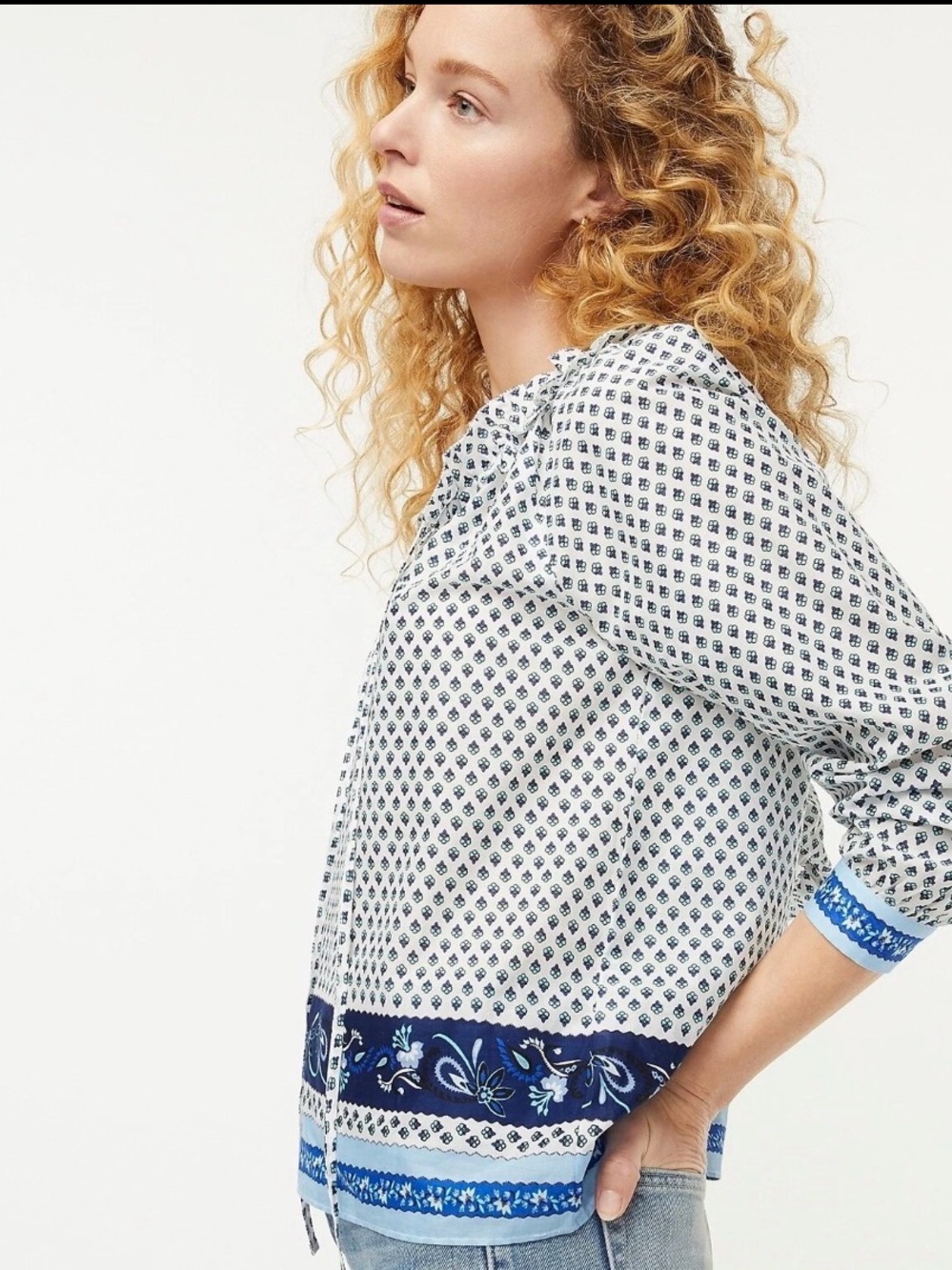 J. Crew White & Blue Printed Long-Sleeve Blouse